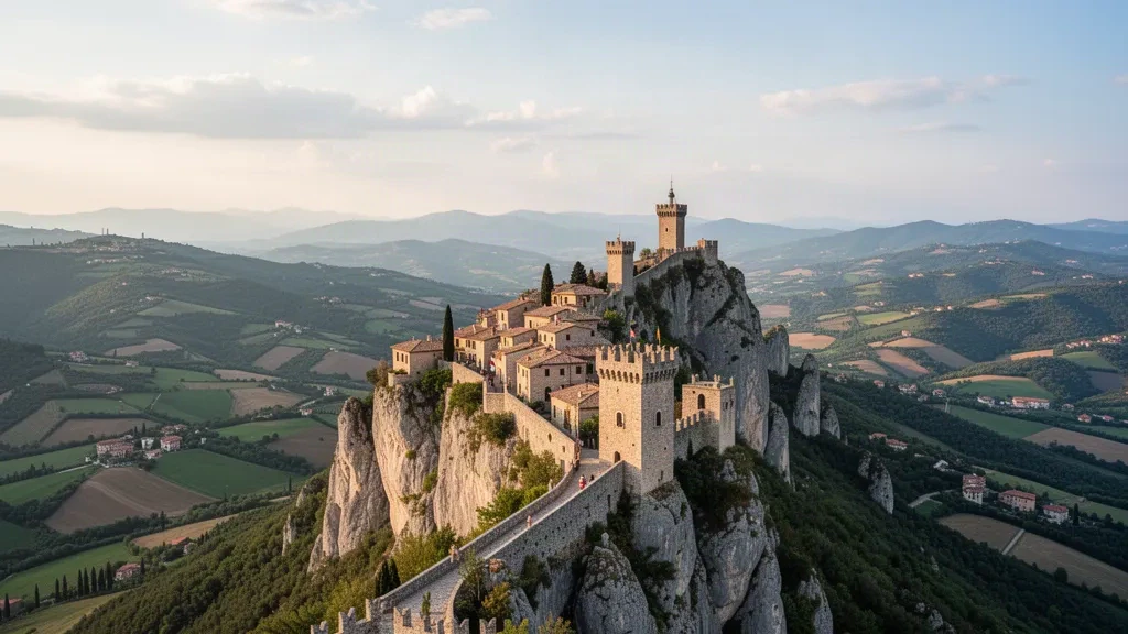 Forteresse de Guaita et tours médiévales de Saint-Marin sur le mont Titano, au-dessus des collines verdoyantes des Apennins italiens