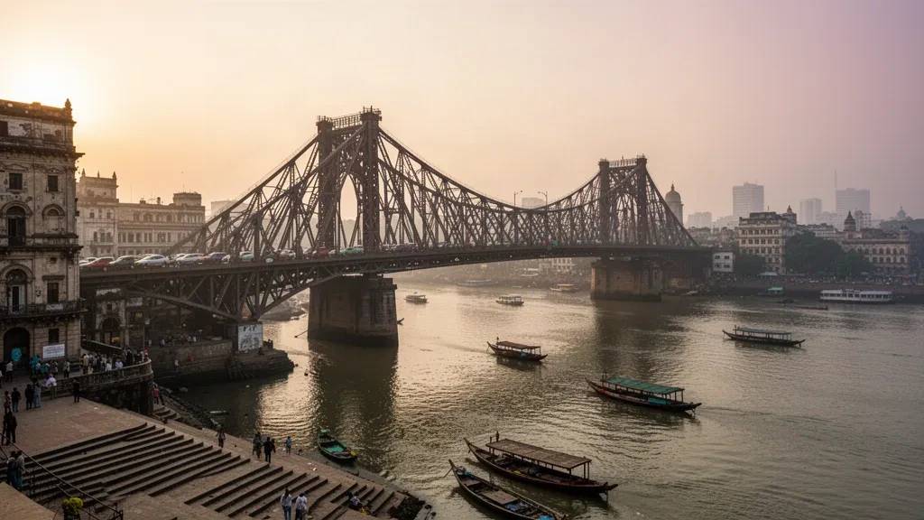 Vista a la hora dorada del puente Howrah que cruza el río Hooghly en Calcuta, Bengala Occidental, India, con pequeños ferris en el agua