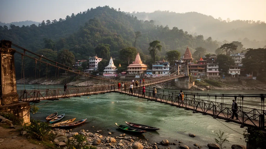 Uttarakhand, Hindistan'da Ganj üzerindeki asma yaya köprüsü ve ormanlık Himalaya etekleriyle Rishikesh nehir kıyısı
