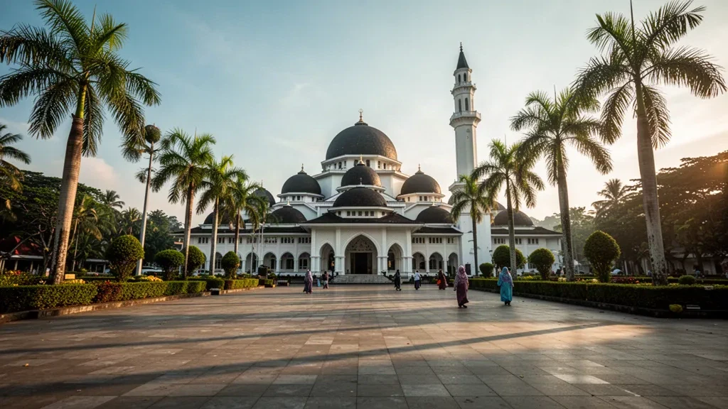 Vue à l'heure dorée de la grande mosquée blanche Baiturrahman et de ses toits en dôme à Banda Aceh, Aceh, Indonésie