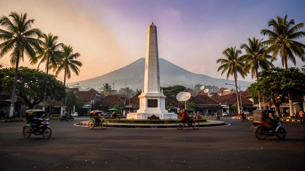 Vista durante la hora dorada del monumento Tugu Yogyakarta y su rotonda enmarcados por palmeras con el Monte Merapi al fondo