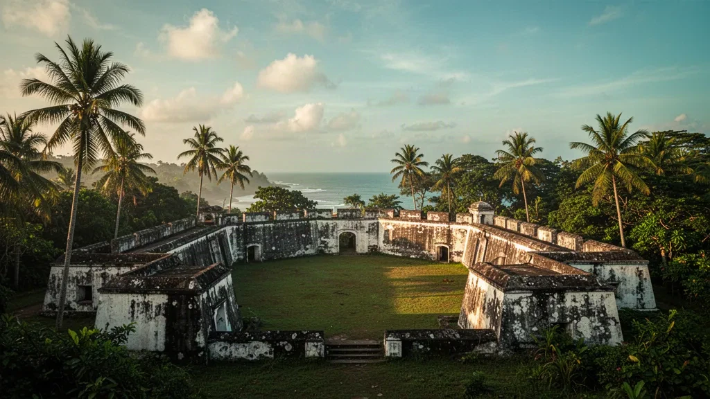 Die weiß getünchten kolonialen Wälle und das palmengesäumte Gelände von Fort Marlborough mit Blick auf die Küste in Bengkulu, Indonesien