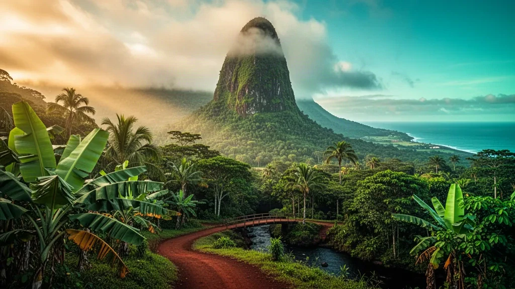 Pic volcanique Pico Cão Grande s'élevant au-dessus de la canopée luxuriante de la forêt tropicale sur l'île de São Tomé à São Tomé-et-Príncipe au lever du soleil