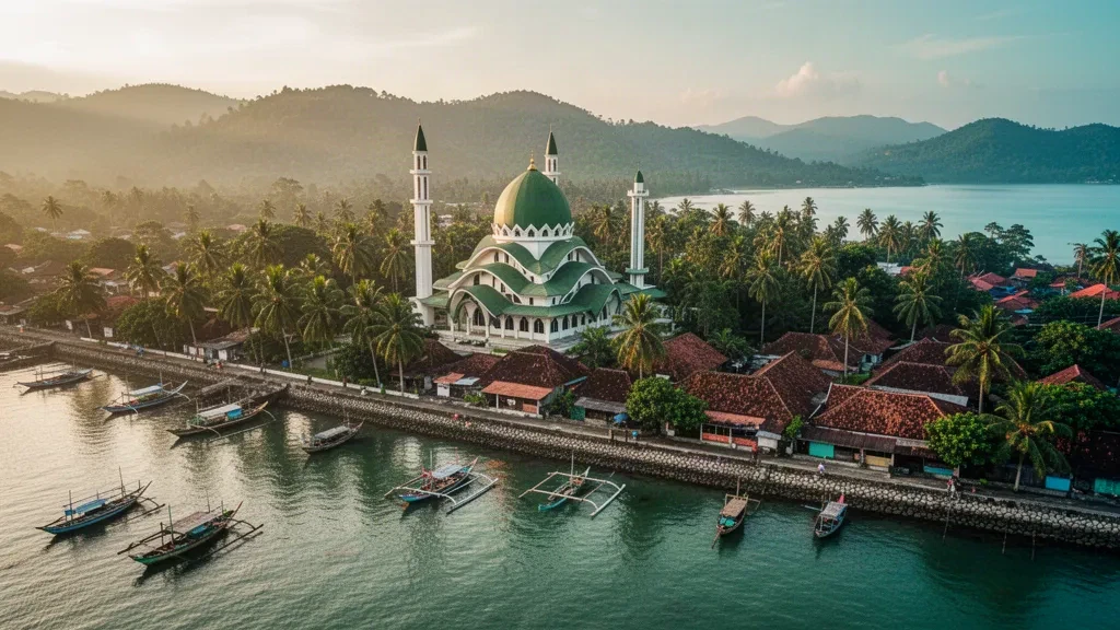 Golden-hour view of Gorontalo's waterfront with the Grand Mosque dome, palms and fishing boats along Tomini Bay