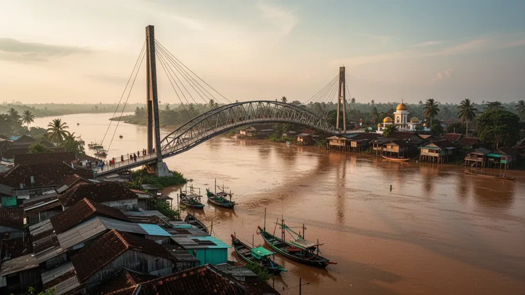 Gentala Arasy pedestrian bridge spanning the Batanghari River in Jambi, Sumatra at golden hour
