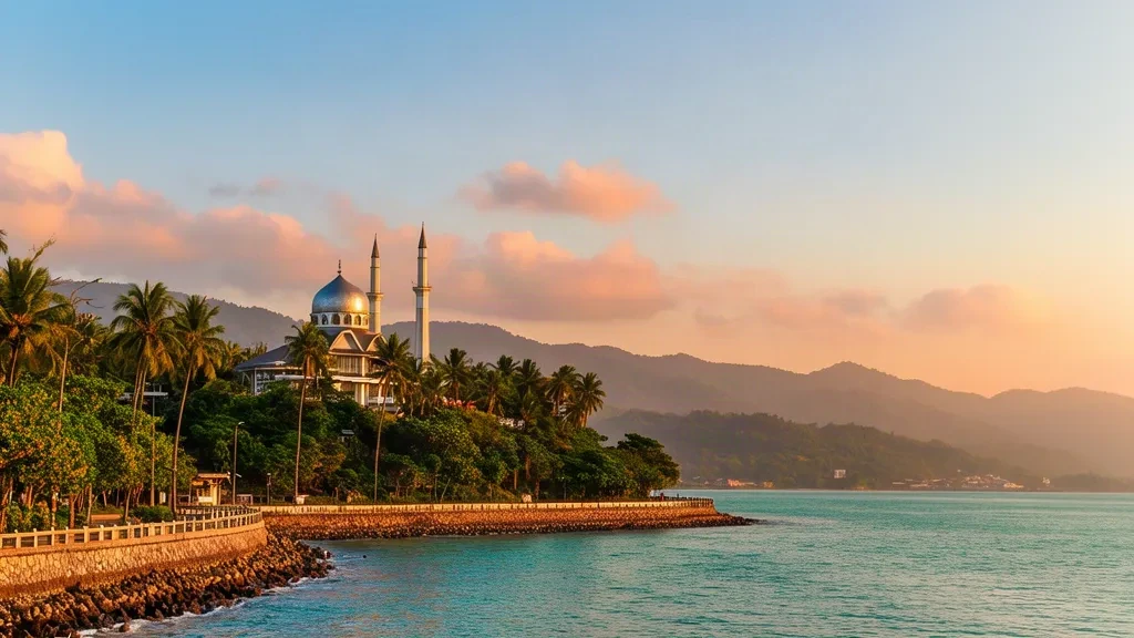 Gorontalo, Endonezya'nın altın saat manzarası; gümüş kubbeli Büyük Camii, palmiye ağaçlarıyla çevrili kıyı şeridi ve Tomini Körfezi kıyısı.