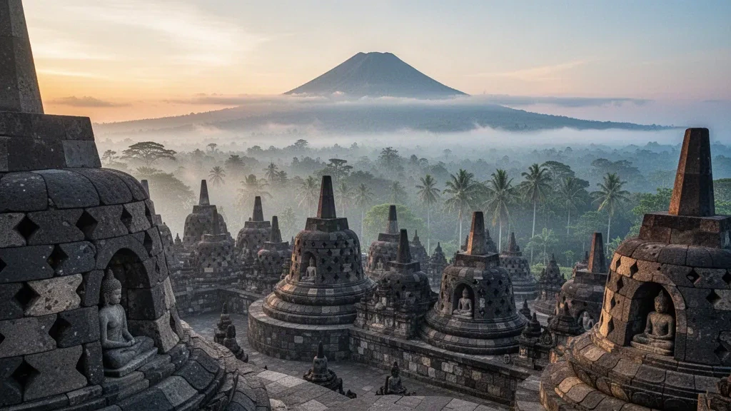 Estupas del templo de Borobudur en la niebla matinal con un pico volcánico en el horizonte en Java Central, Indonesia