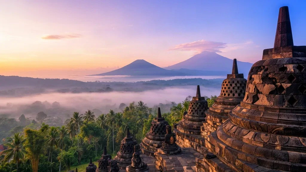 Stupa del Borobudur sopra la nebbia mattutina con il Monte Merapi all'orizzonte nel Java Centrale, Indonesia, al sorgere del sole
