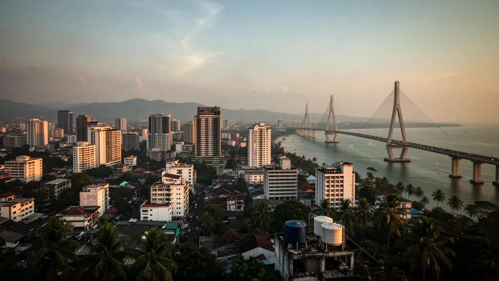 Veduta all'ora d'oro dello skyline di Surabaya a Giava Orientale con il Ponte Suramadu che attraversa lo Stretto di Madura