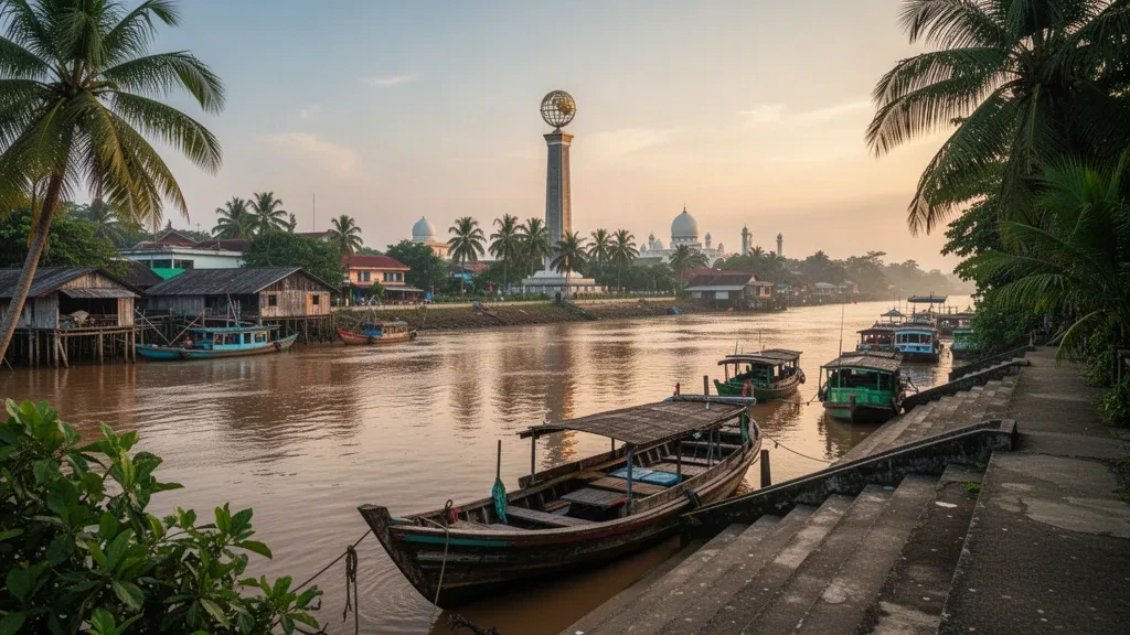 Kapuas River waterfront in Pontianak, West Kalimantan, with traditional wooden boats, stilt houses and equatorial golden-hour light