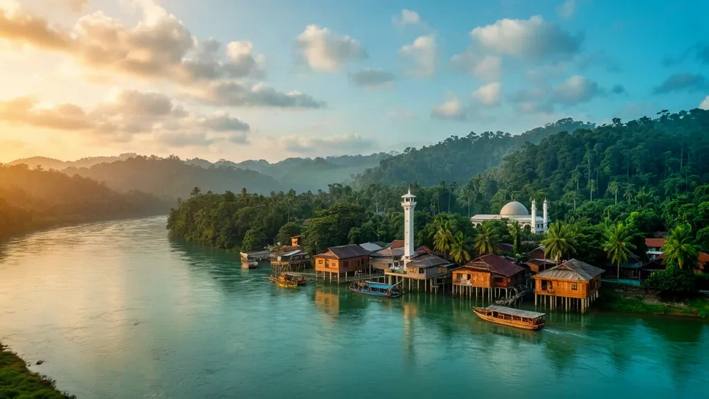 Golden-hour view over the Kayan River in Tanjung Selor, North Kalimantan, with stilt houses, boats and rainforest hills
