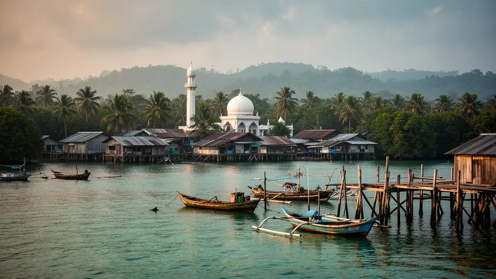 Tarakan waterfront at golden hour in North Kalimantan, Indonesia, with stilt houses, fishing boats and the city mosque skyline