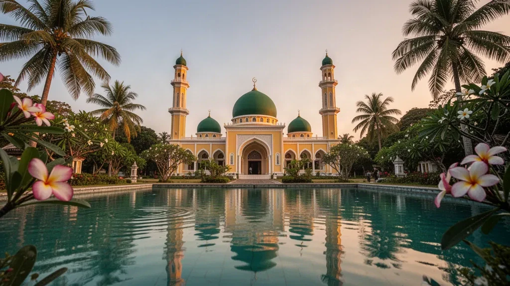 Tanjung Pinang, Riau Adaları'ndaki Penyengat Adası'nda tropikal yeşilliklerle çevrili sarı Sultan Riau Camii, altın saatte.