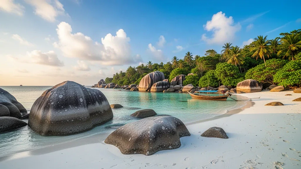 Endonezya'nın Bangka Belitung bölgesindeki Tanjung Tinggi Plajı'nda altın saat güneş ışığı altında devasa granit kayalar ve turkuaz su.