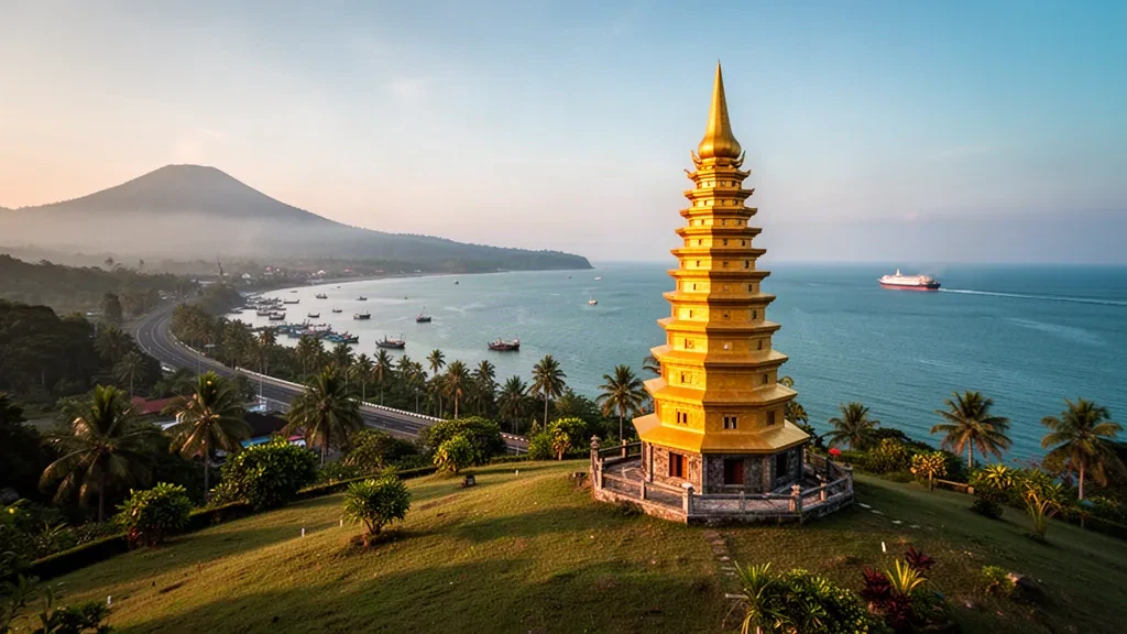 Golden crown-shaped Menara Siger tower on a hilltop above the Sunda Strait in Bakauheni, Lampung, glowing in warm late-afternoon tropical light