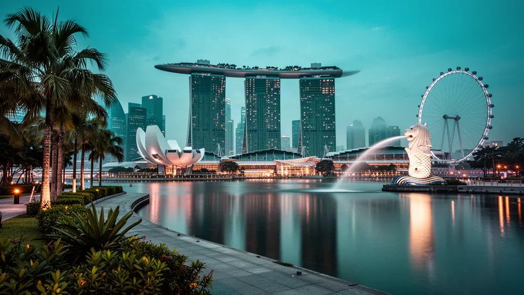 Mavi saatte Singapur Marina Bay silüeti, ön planda Marina Bay Sands, Merlion ve su kenarı yansımaları
