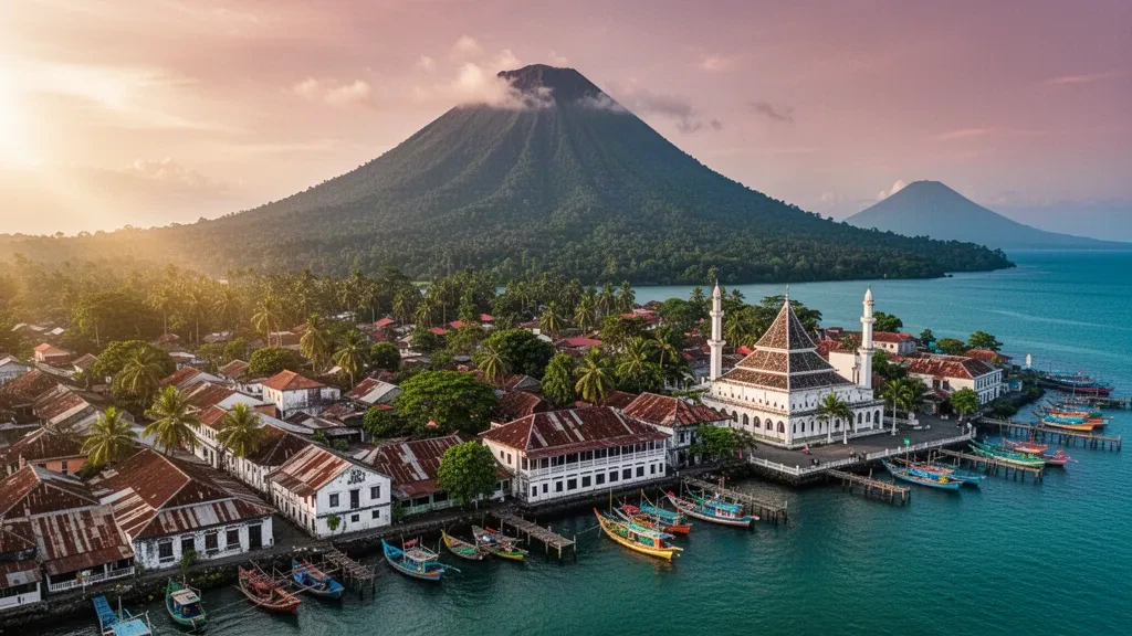 El monte Gamalama elevándose sobre la ciudad costera de Ternate en Molucas del Norte, Indonesia, con barcos de pesca y una mezquita de tejado escalonado a la hora dorada