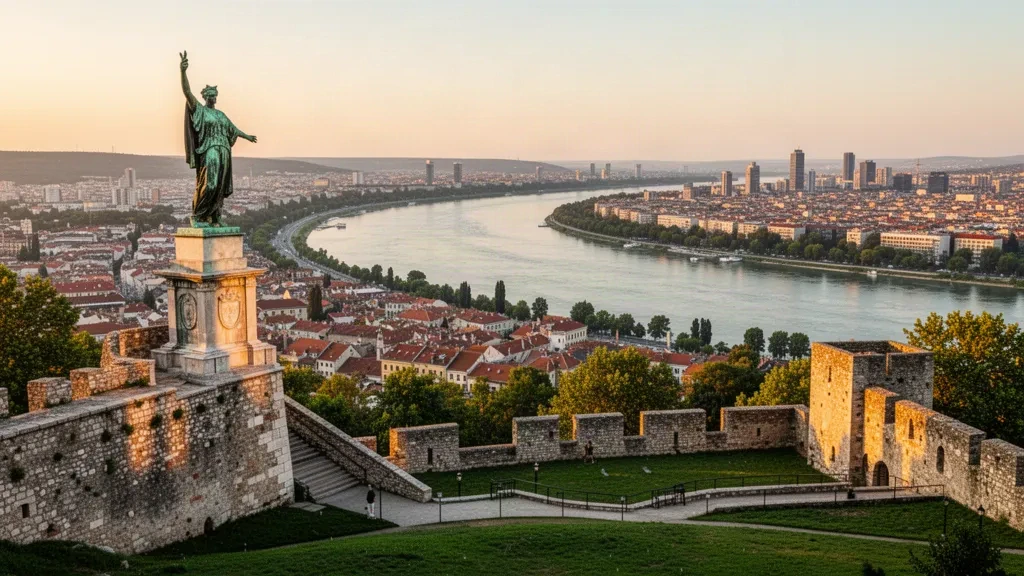 Belgrad, Sırbistan'da altın saatlerde Sava ve Tuna nehirlerinin birleştiği noktaya bakan Kalemegdan Kalesi