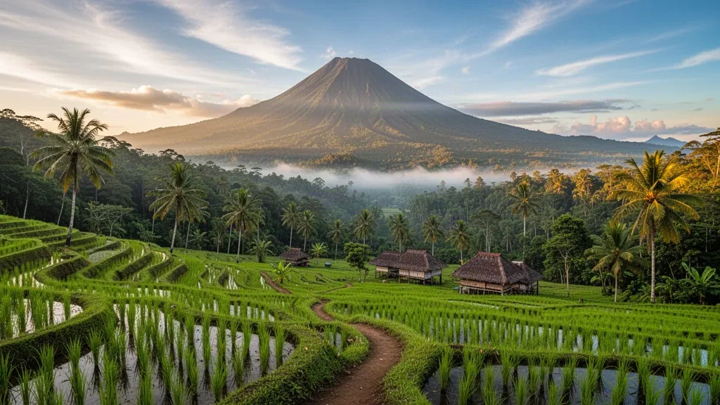 Mount Rinjani rising above emerald rice terraces and palm groves in Lombok, West Nusa Tenggara, Indonesia at golden hour