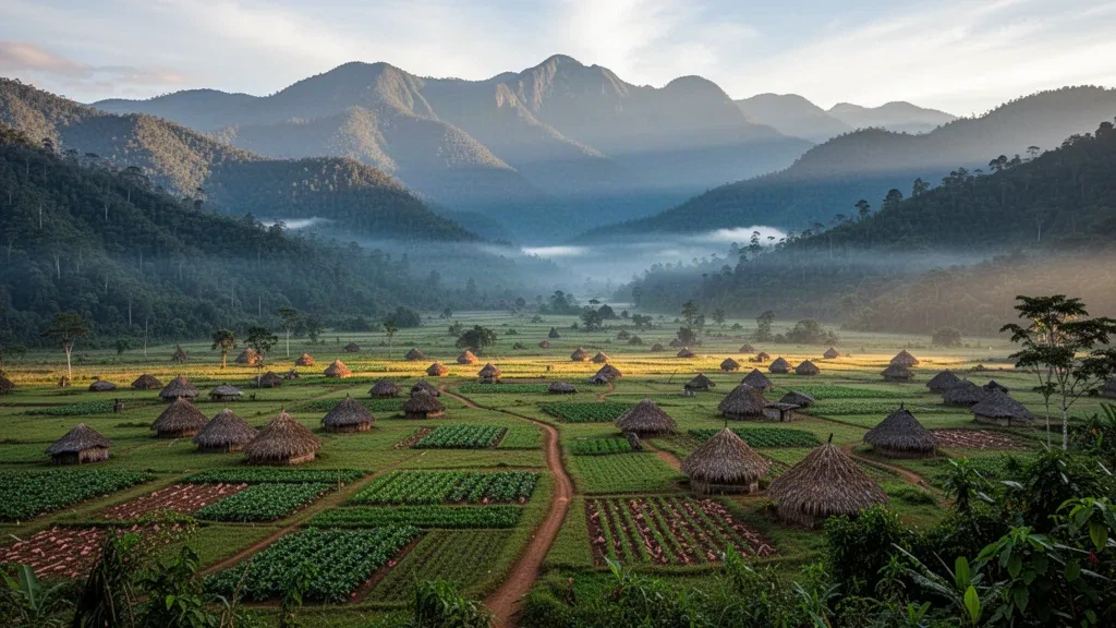 Endonezya, Papua Pegunungan'da Wamena yakınlarındaki Baliem Vadisi'nin yüksekten görünümü; honai kulübeleri, yeşil bahçeler ve puslu yayla sırtları