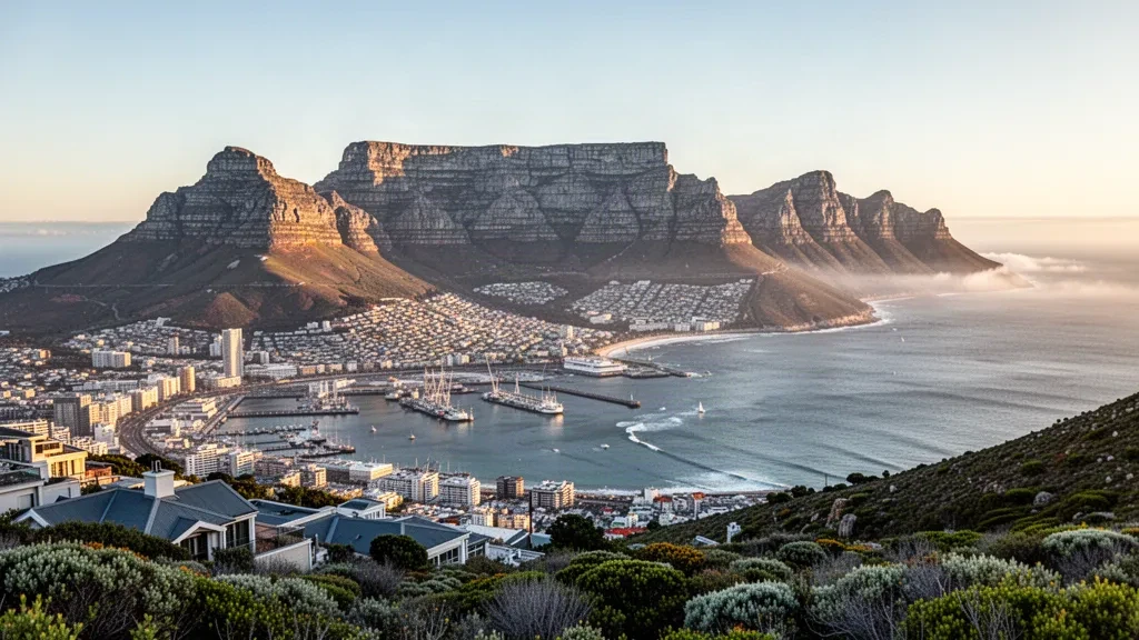 Table Mountain rising above Cape Town's city bowl and Atlantic coastline in golden afternoon light, South Africa
