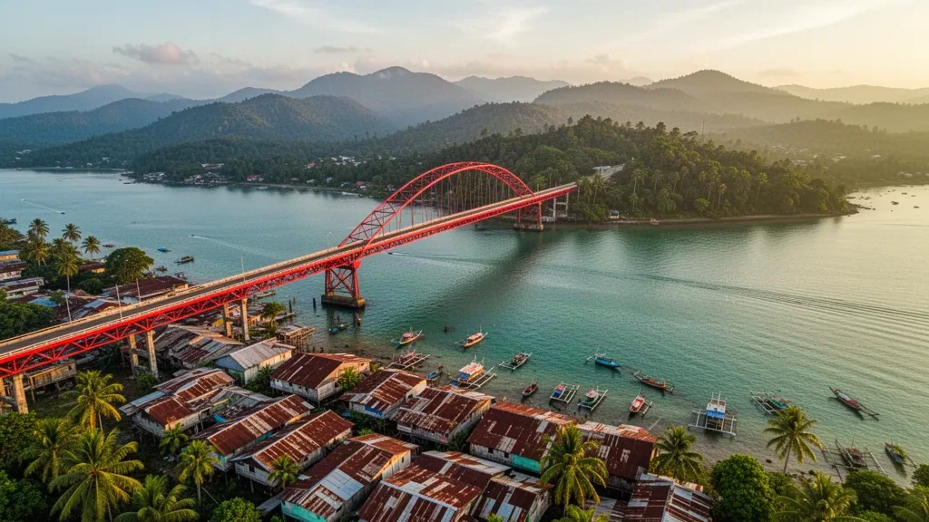 Vista aérea de Jayapura, Papúa, con el puente rojo Youtefa que cruza la bahía de Youtefa y colinas boscosas detrás de la ciudad costera