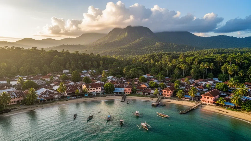 Batı Papua'da Doreri Körfezi kıyısındaki Manokwari'nin havadan görünümü; tropikal tepeler, kıyıdaki çatılar ve altın saatte balıkçı tekneleri