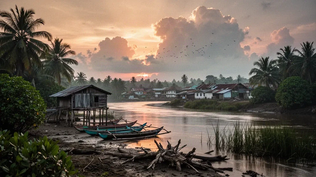 Veduta all'ora dorata di Merauke, capitale del Papua Meridionale, con canoe di legno sul fiume Maro, case su palafitte e palme da cocco sotto un tramonto tropicale.