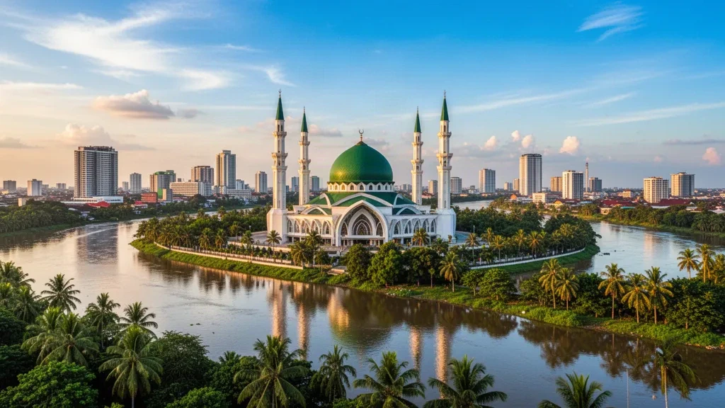 Vista panorámica del horizonte urbano de Pekanbaru con la Gran Mezquita An-Nur y el río Siak en Riau, Indonesia.