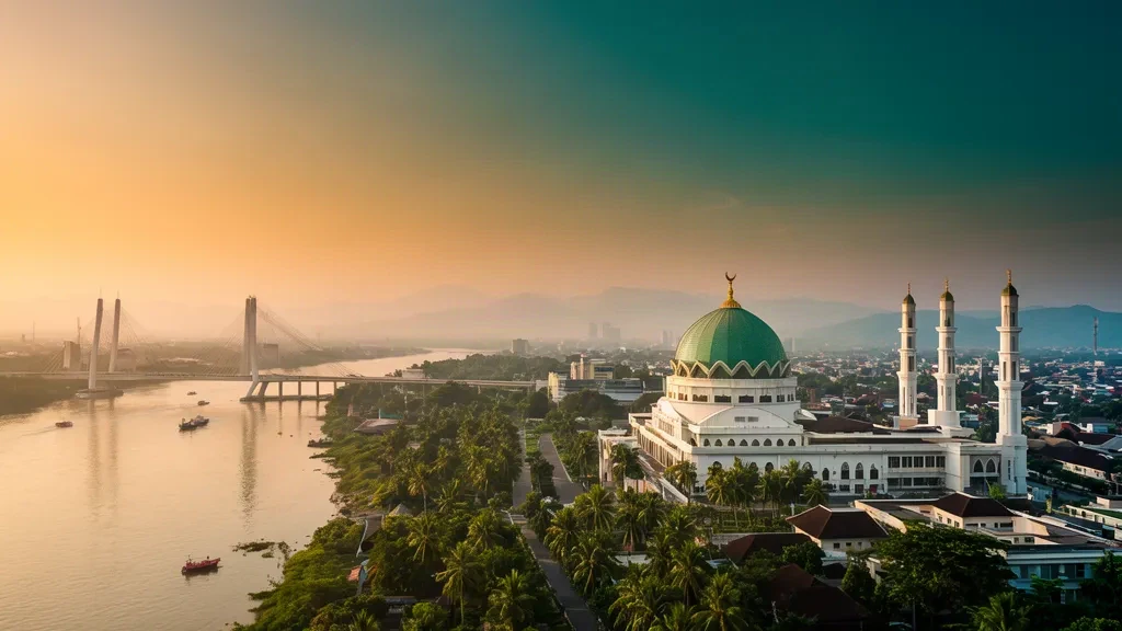 Skyline di Pekanbaru, Riau, durante l'ora d'oro, con una grande moschea dalla cupola verde, minareti e il lungofiume del Siak in una calda luce tropicale