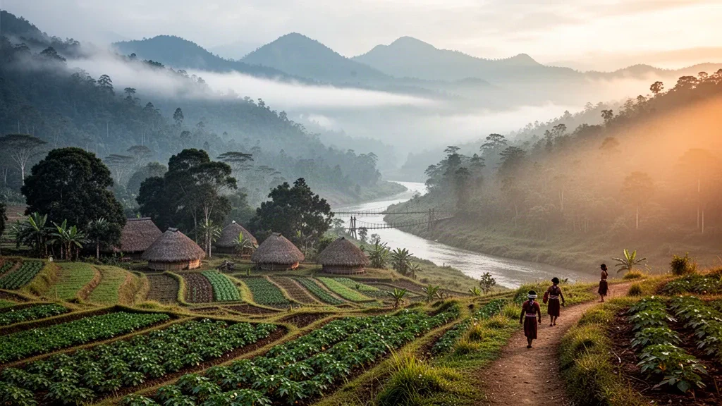 Vue des hautes terres de la vallée de Baliem près de Wamena, Papouasie centrale, avec des huttes honai traditionnelles et les montagnes Jayawijaya brumeuses au lever du soleil