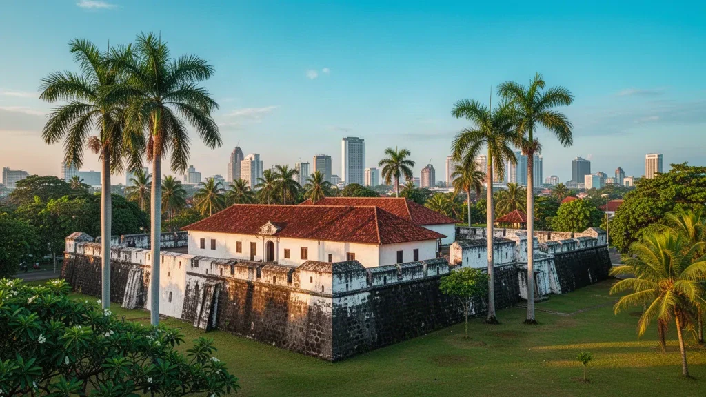 Historic Fort Rotterdam in Makassar, South Sulawesi, with palm trees and a modern city skyline under golden-hour light.