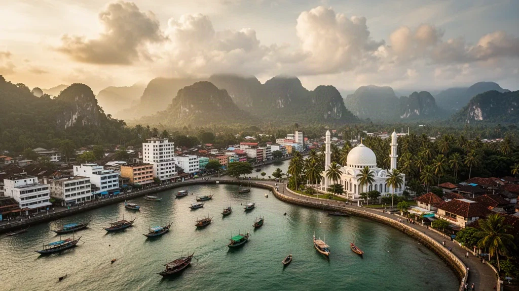 Golden-hour view over Kendari Bay waterfront in Southeast Sulawesi, Indonesia, with fishing boats, palm-lined shores and forested hills