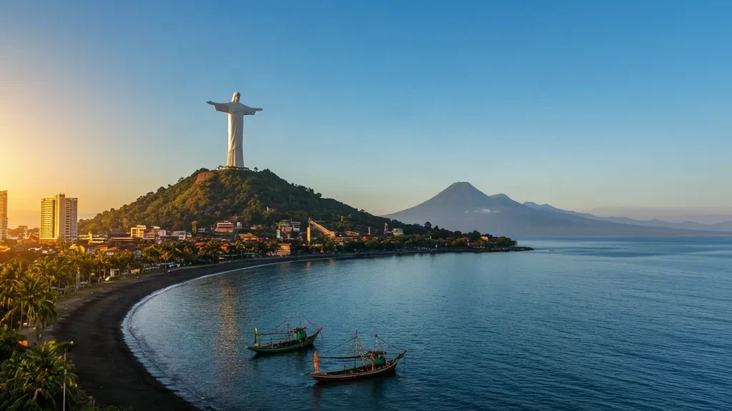 Uferpromenade der Manado-Bucht zur goldenen Stunde mit dem Christus-Segen-Denkmal, der Insel Manado Tua und der tropischen Landschaft von Nord-Sulawesi