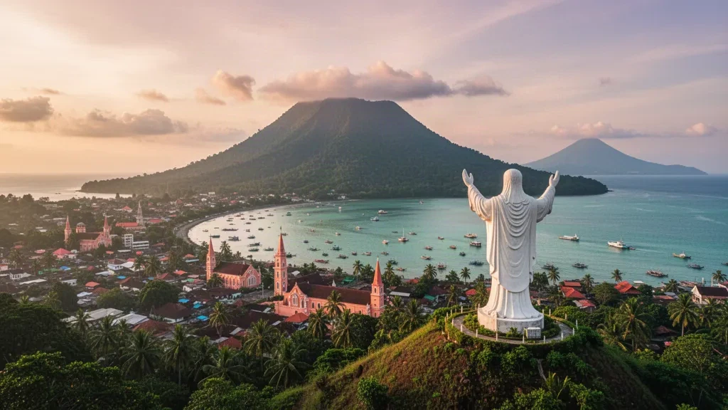 Vue à l'heure dorée sur la baie de Manado dans le nord de Sulawesi, en Indonésie, avec la statue imposante du Christ Bénissant et une île volcanique au large
