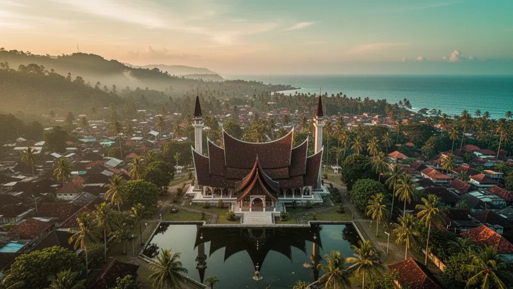 Padang'da altın saatlerde geniş Minangkabau çatısıyla Batı Sumatra Ulu Camii, arkasında tepeler ve şehir çatıları