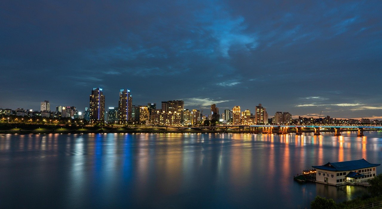 blue, seoul, han river, cityscape, korea, south korea, sky, bridge, blue sky, landscape, pier, reflect, tourism, nature, horizon, city, building, mirroring, light, cloudy, cloud, water, mood, lighting, reflection, atmosphere, blue bridge, blue mirror