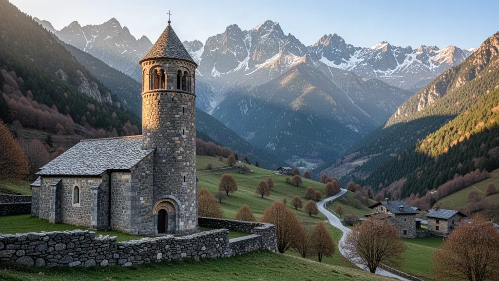 Iglesia románica de piedra con campanario circular en el valle pirenaico de Andorra, bajo picos nevados