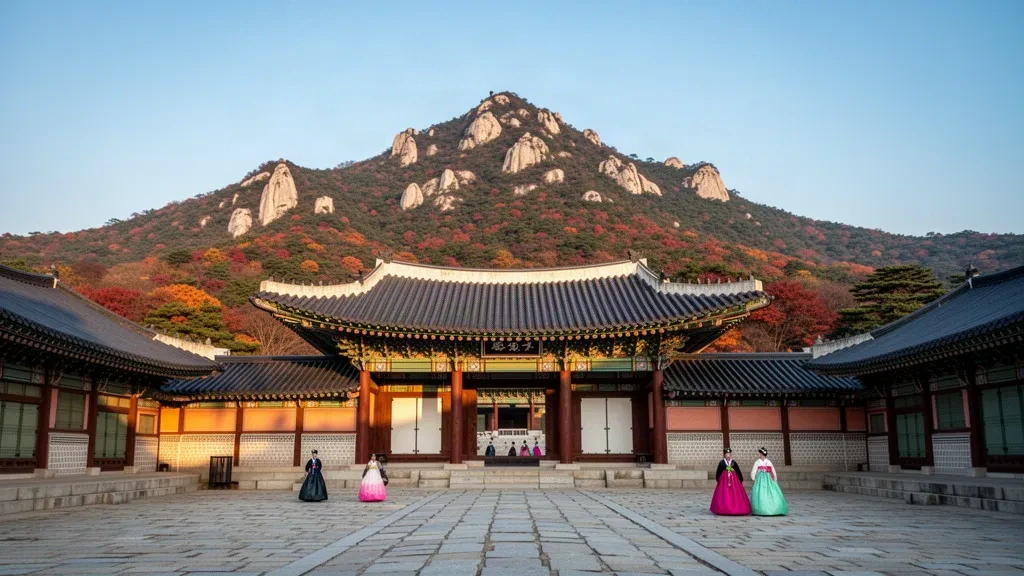 Güney Kore, Seoul'daki Gyeongbokgung Sarayı, geleneksel kiremit çatılar, sonbahar yaprakları ve arkada Bugaksan Dağı