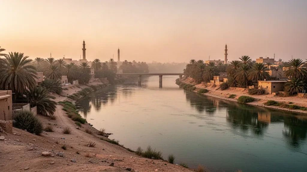 Hora dorada sobre el río Éufrates en Ramadi, provincia de Al Anbar, Irak, con palmerales datileros y bajos edificios ribereños a lo largo de las orillas