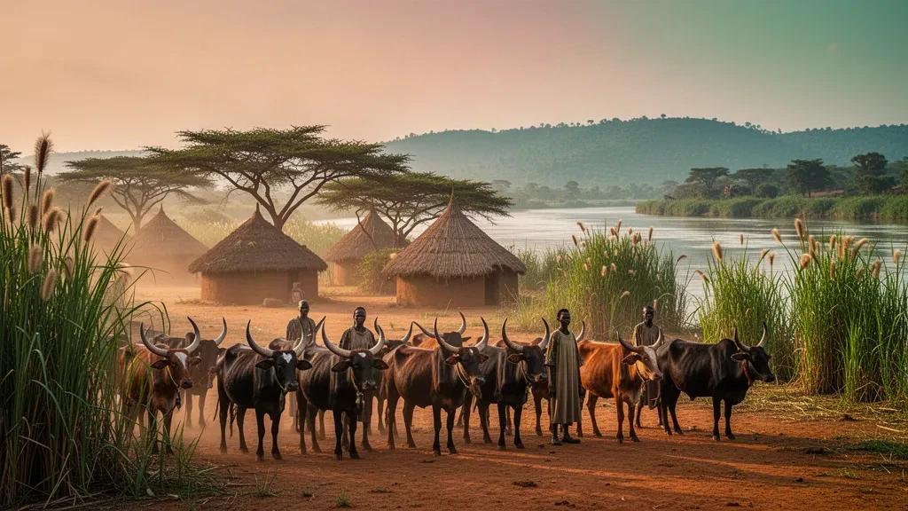 Bovini Ankole dalle lunghe corna e capanne tukul dal tetto di paglia lungo la riva del Nilo Bianco in Sud Sudan durante l'ora d'oro