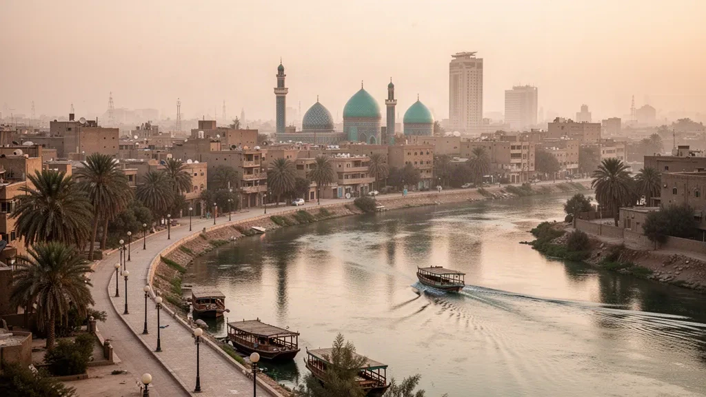 Skyline von Bagdad entlang des Tigris zur goldenen Stunde, mit Minaretten, gefliesten Kuppeln und palmengesäumter Uferpromenade