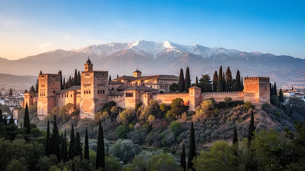 The Alhambra fortress and palace on Sabika Hill in Granada, Spain, with the Sierra Nevada mountains behind in golden light