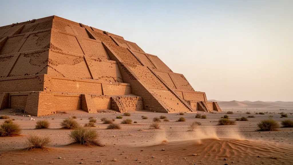 Dhi Qar, Irak'ta çöl ovasından yükselen antik Büyük Ur Zigguratı, sıcak altın saat ışığı altında