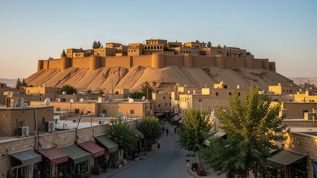 Remparts de la citadelle d'Erbil et quartier du vieux bazar à Erbil, région du Kurdistan, Irak, photographiés dans une lumière chaude de fin d'après-midi