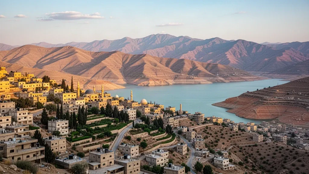 Vue à l'heure dorée de la ville de Dohuk dans la région du Kurdistan en Irak, avec des crêtes montagneuses et le réservoir du barrage de Duhok au-delà des toits