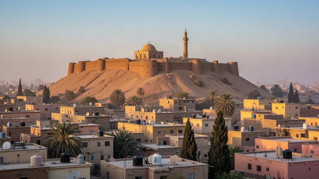 Die Zitadelle von Kirkuk ragt über die Dächer der historischen Altstadt von Kirkuk, Irak, im warmen Licht der goldenen Stunde empor