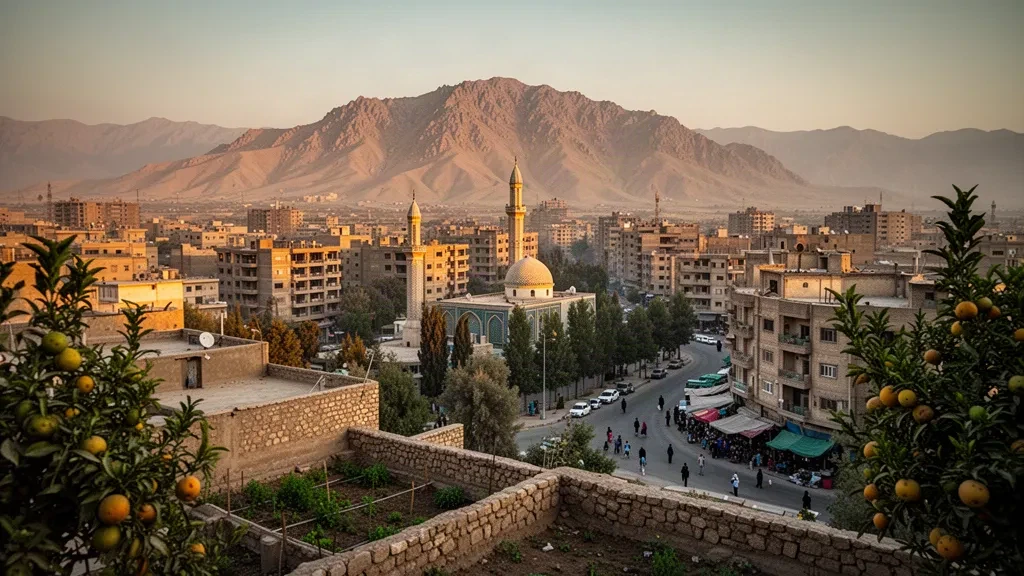 Golden-hour view over Sulaymaniyah, Iraq, with dense rooftops and a mosque minaret below the Goizha mountain ridge