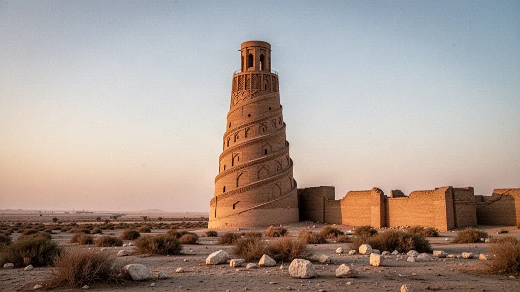 Spiralförmiges Minarett Malwiya der Großen Moschee von Samarra im irakischen Gouvernement Saladin zur goldenen Stunde, das sich über der Wüstenebene erhebt