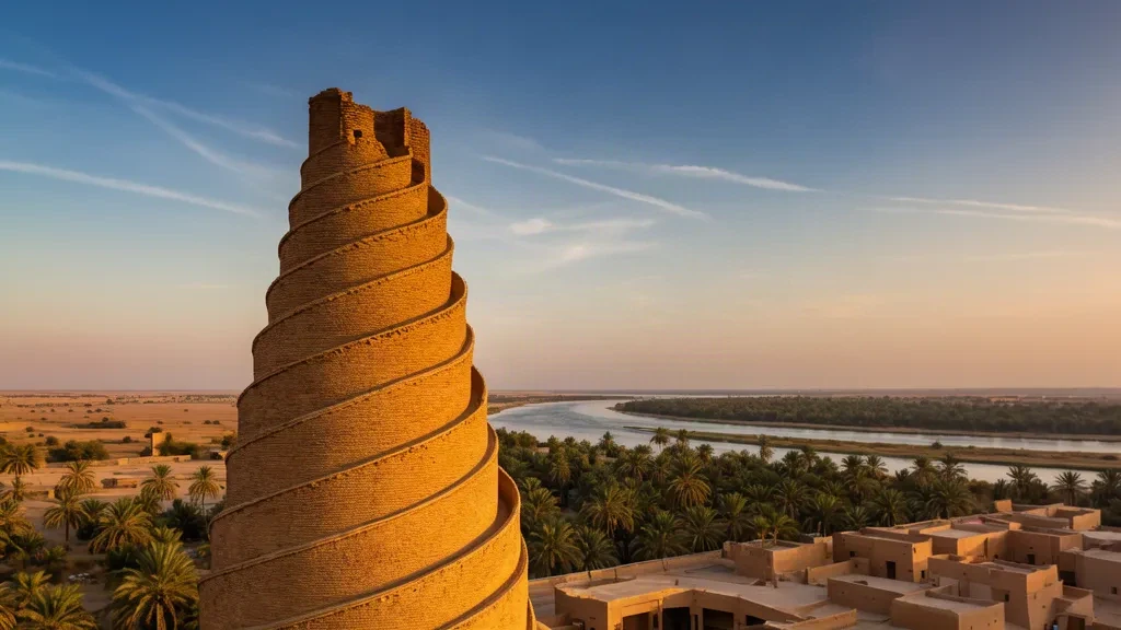 Minarete espiral de Malwiya de la Gran Mezquita de Samarra sobre el valle del Tigris a la hora dorada en Saladin, Irak